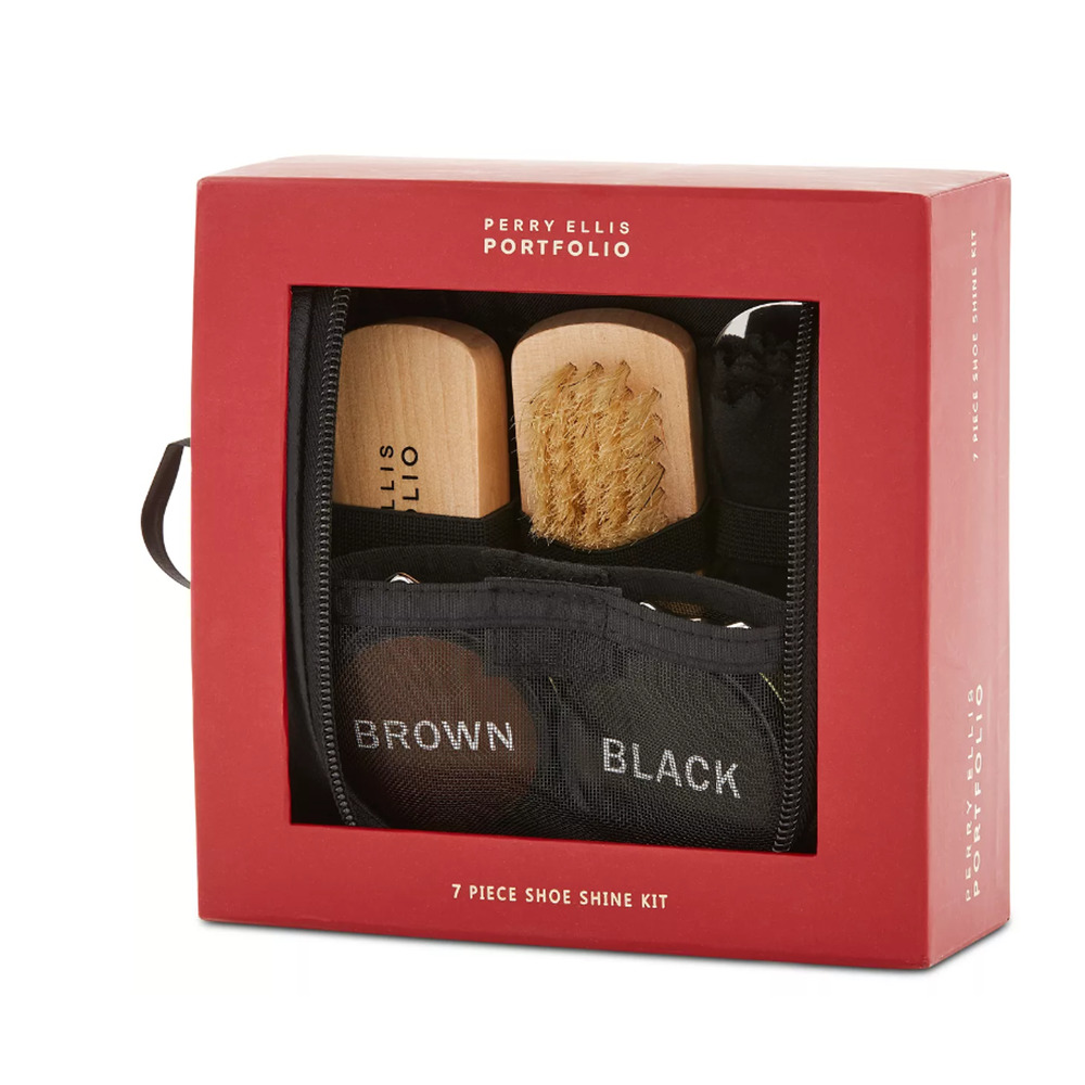 Perry Ellis Portfolio  7 Piece Shoe Shine Kit  Black and Brown NWT